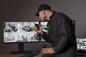 Security guard monitoring surveillance footage on multiple screens while communicating through a walkie-talkie in a control room.